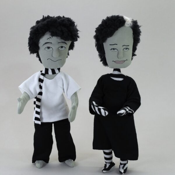 pair of Frankenstien dolls made in the hoop of an embroidery machine