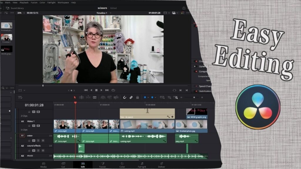 screen capture of davinci resolve software with the class project being worked on